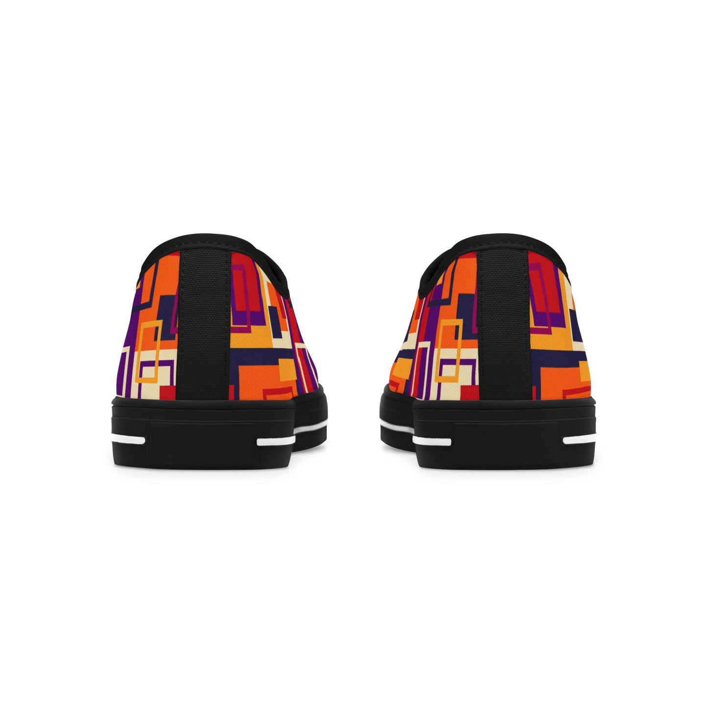 Retro Geometric Women's Low Top Sneakers — Bold Orange & Purple Patchwork Canvas