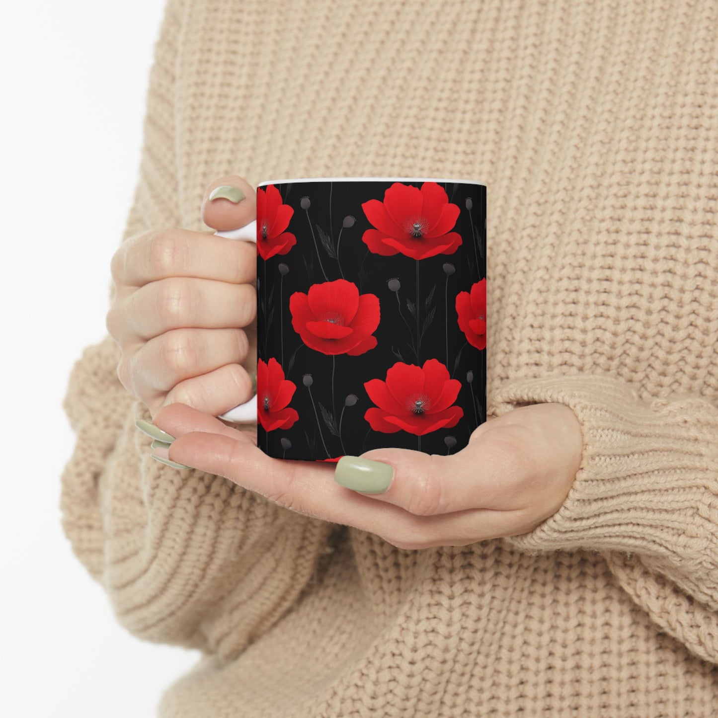 Red Poppy Floral Mug — Black Background Ceramic Coffee Cup (11oz, 15oz)