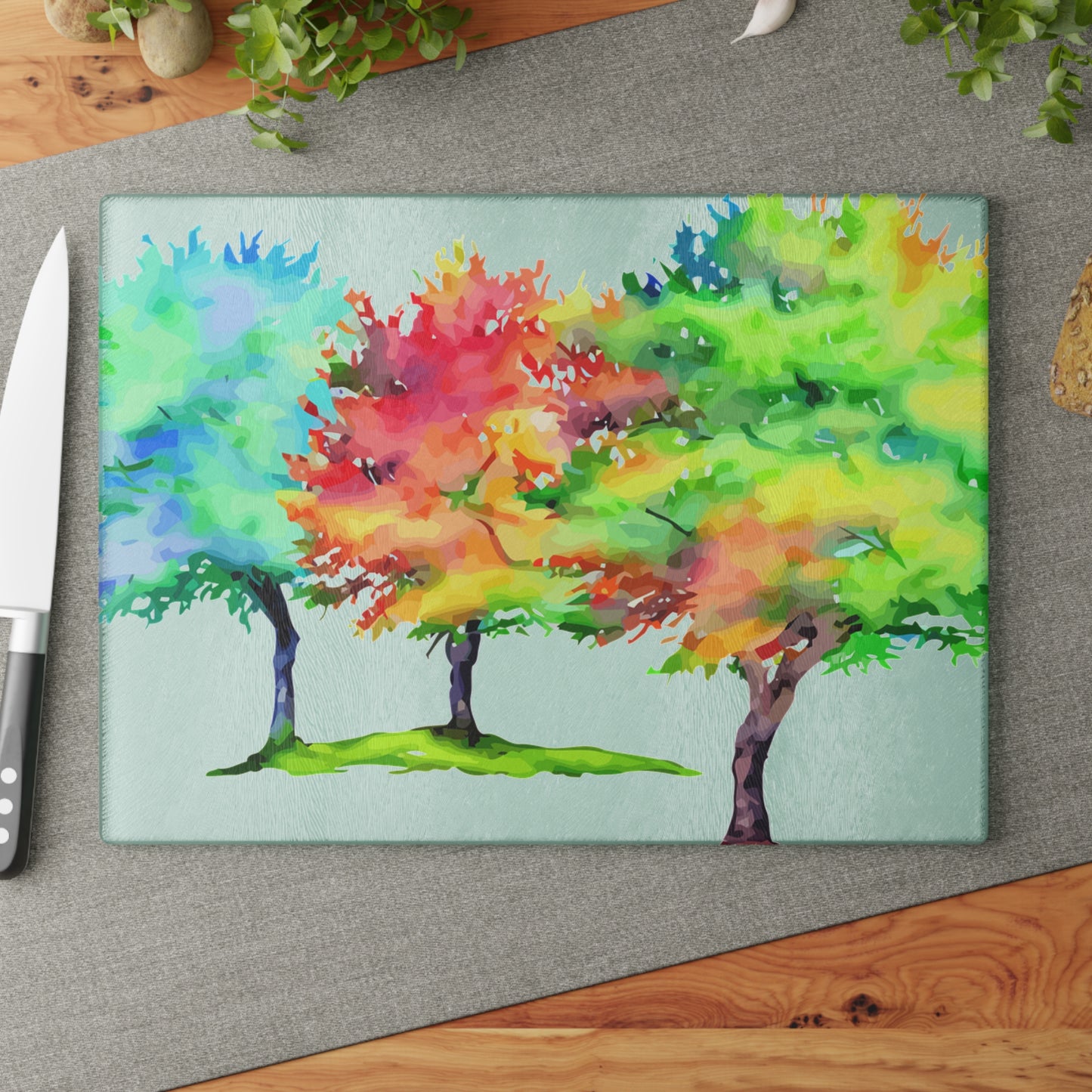 Glass Cutting Board — Colorful Watercolor Trees Kitchen Cutting Board