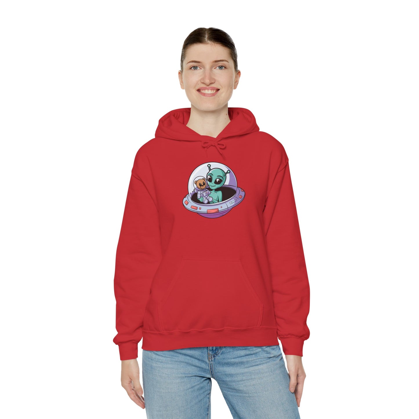 Cute Alien and Kid Hoodie, Unisex Heavy Blend Sweatshirt, UFO Lover Gift, Halloween Costume, Space-Themed Outfit, Birthday Present