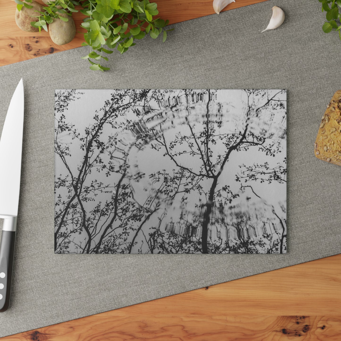 Glass Cutting Board — Monochrome Ferris Wheel & Tree Silhouette Decorative Cutting Board