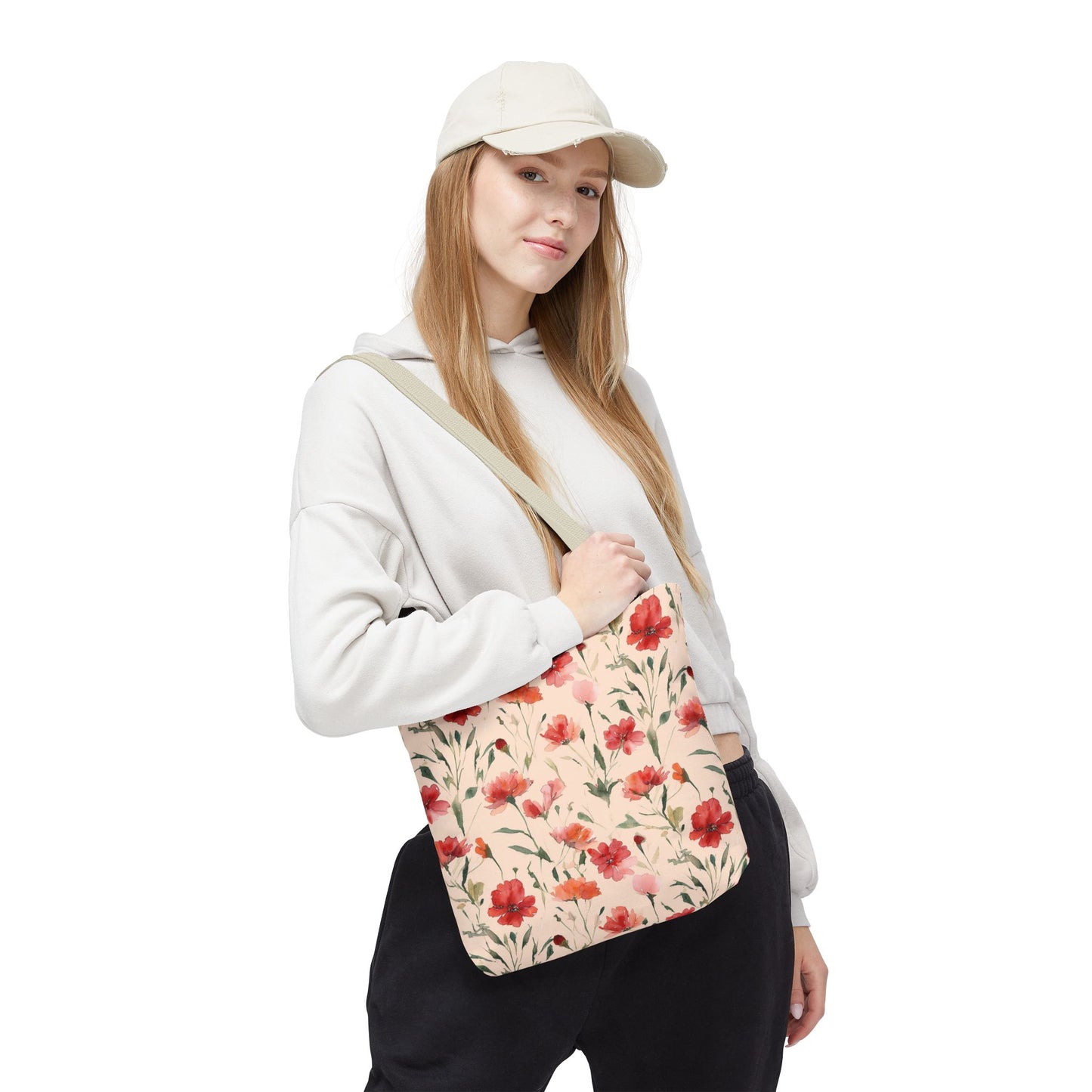 Floral Watercolor Tote Bag — Pink Red Poppy Pattern All-Over Print