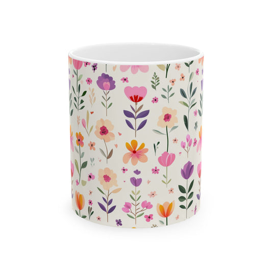 Floral Pattern Ceramic Mug — Pink Spring Flowers 11oz & 15oz