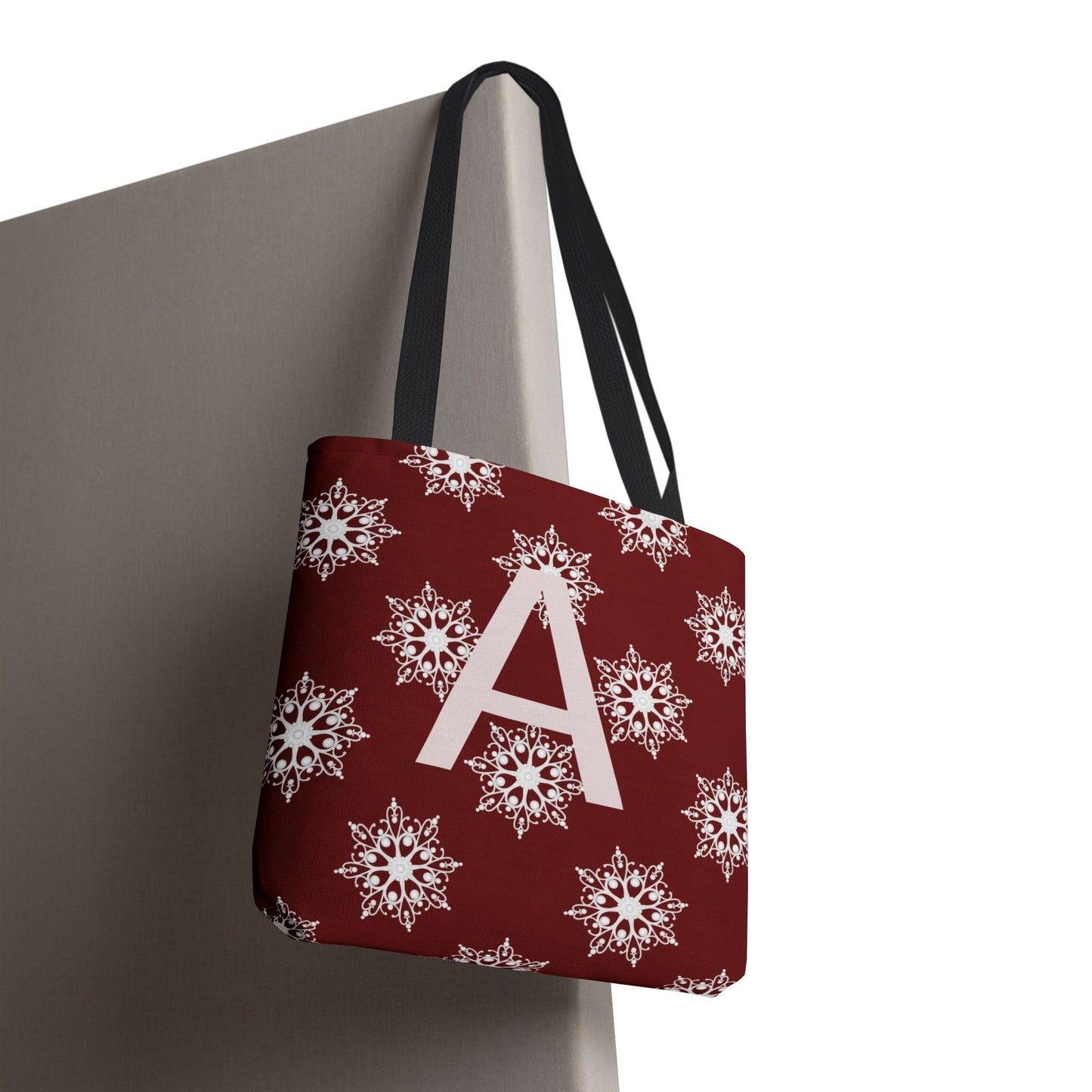 Monogram A Snowflake Tote Bag — Personalized Holiday AOP Tote
