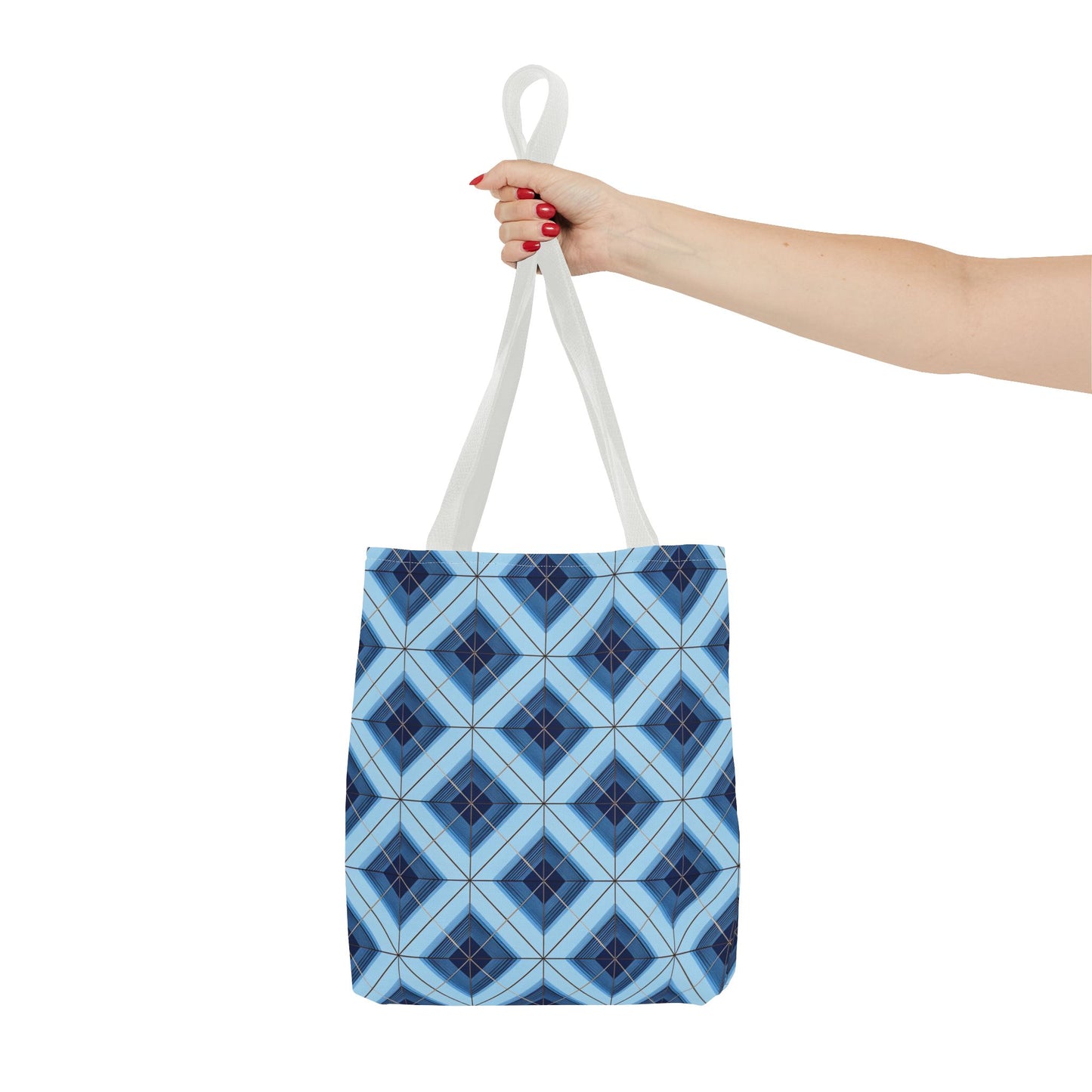 Blue Geometric Tote Bag — Repeating Diamond Pattern AOP
