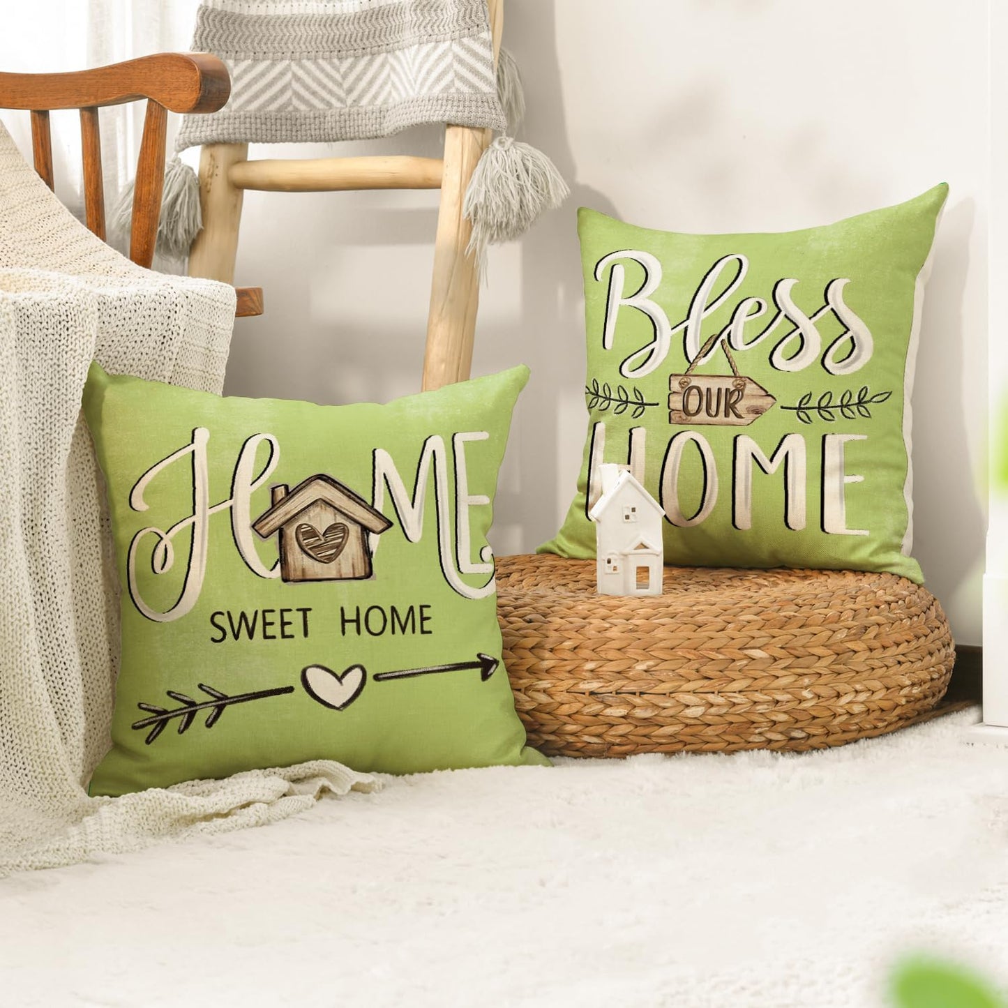 The Bless Our Home Farmhouse Eucalyptus Leaves Throw Pillow Covers in Emerald Green