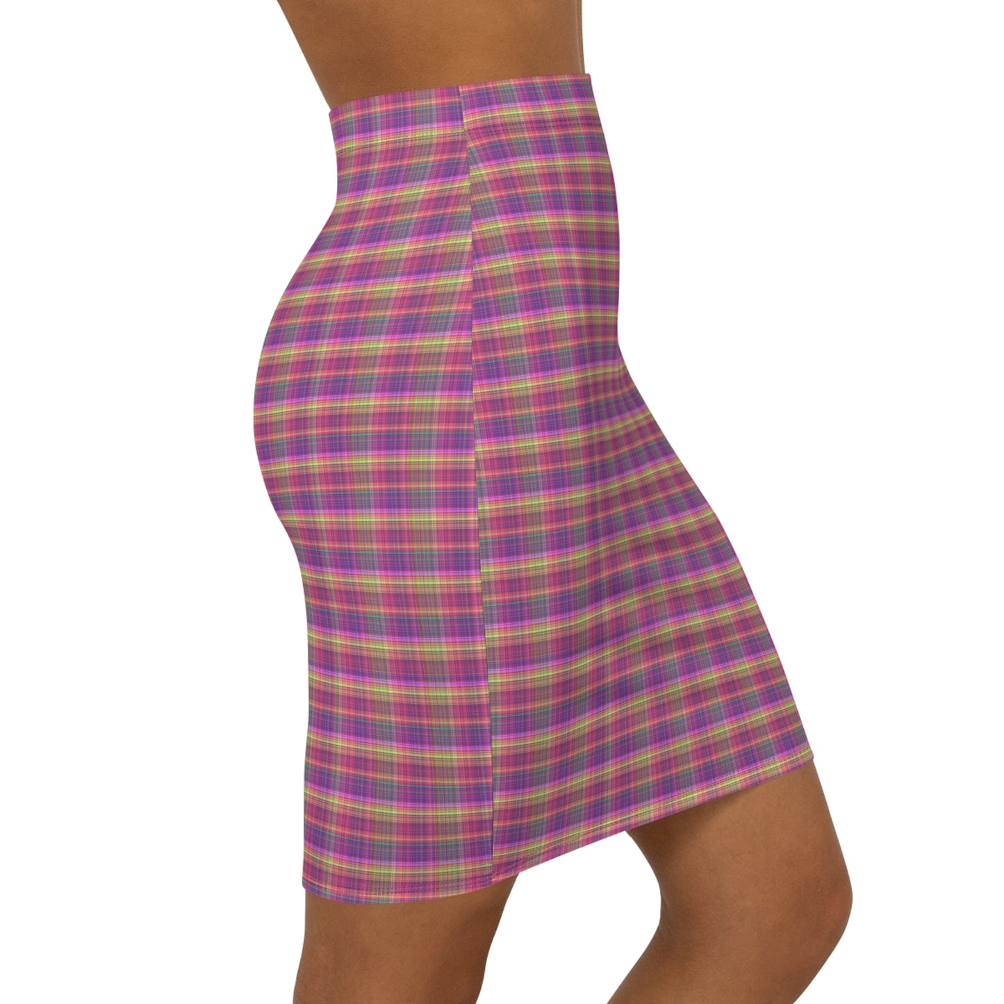 Pink Plaid Mid-Waist Pencil Skirt — Classic Tartan Print