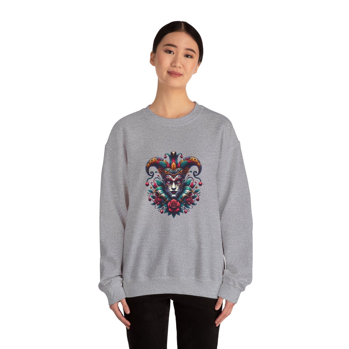 Colorful Jester Sweatshirt, Unisex Heavy Blend Crewneck, Unique Art Apparel, Trendy Fashion, Cozy Gift for Adults