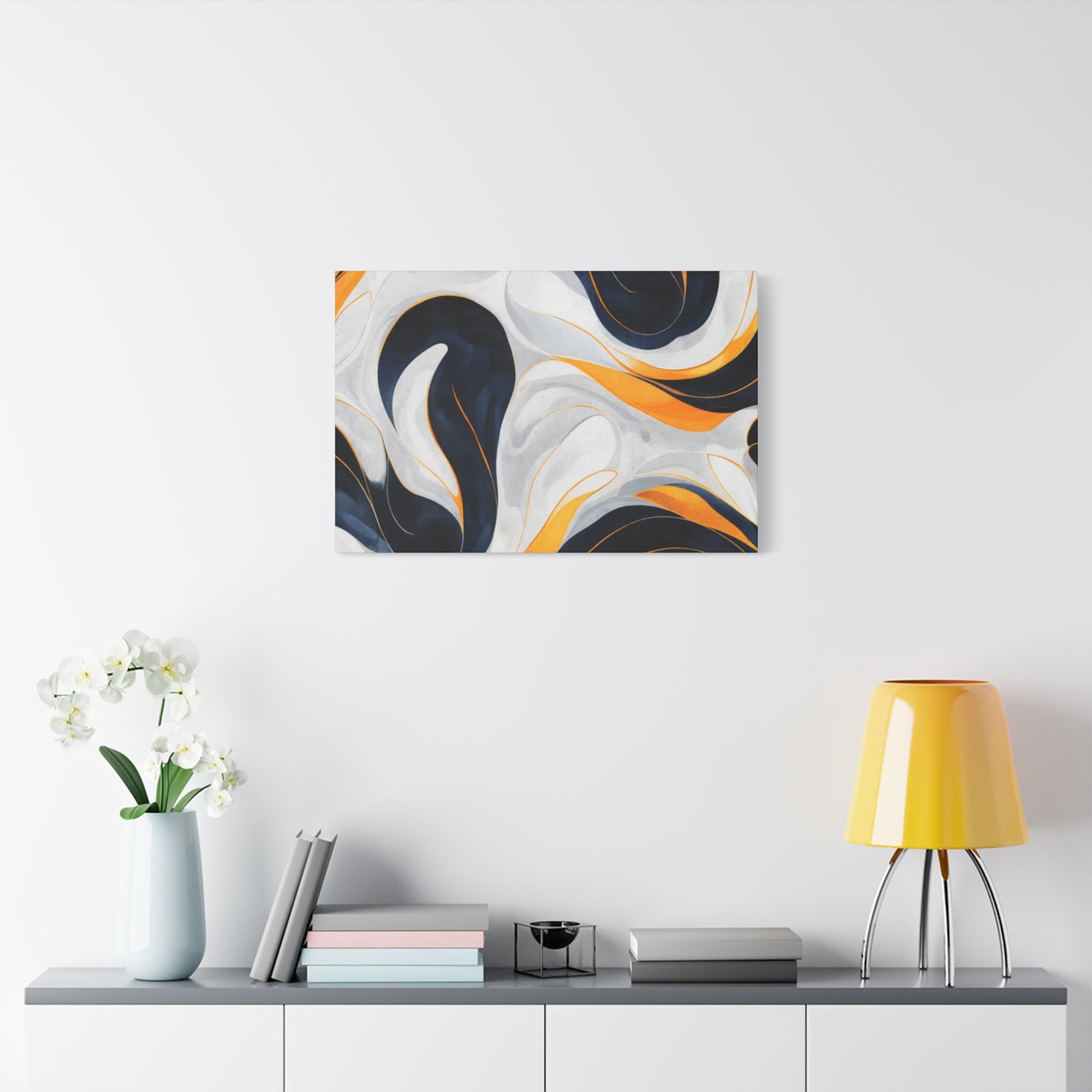 Abstract Fluid Art Matte Canvas Print — Navy, Gold & White Stretched Wall Art