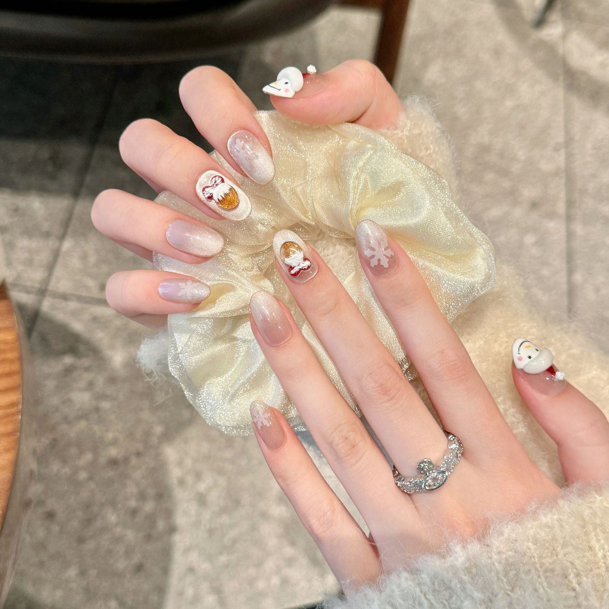 Snowman and Gold Bell Christmas Press‑On Nails – Snowflake Design – Image 3