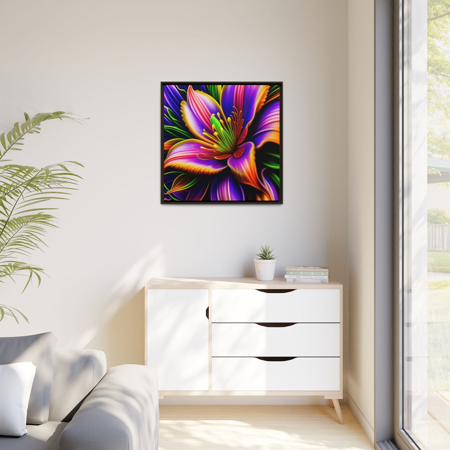 Vibrant Neon Floral Matte Canvas Print — Framed Wall Art
