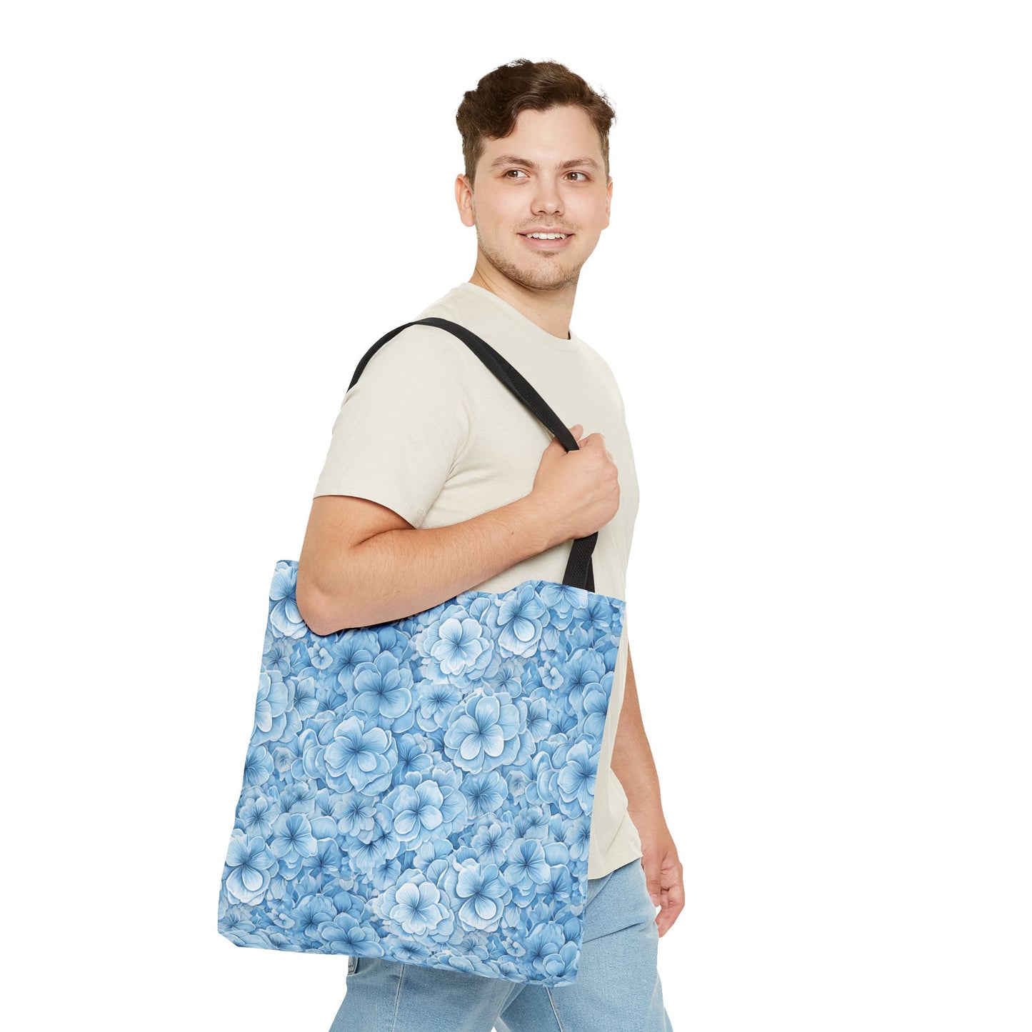 Blue Watercolor Floral Tote Bag — Reusable Flower Pattern Shopper