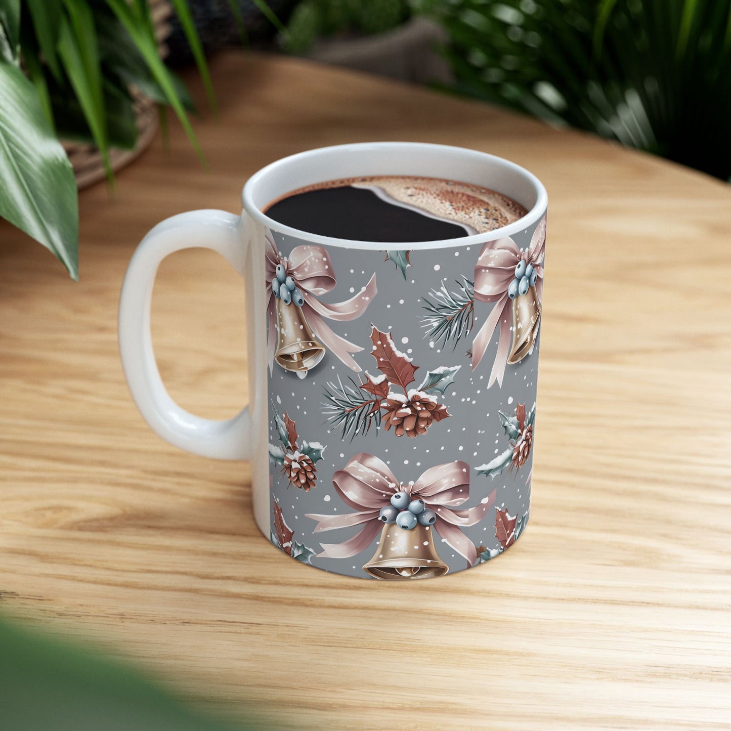 Festive Holiday Ceramic Mug, Christmas Gift, Winter Decor, Bell Design, Cozy Coffee Cup, Seasonal Beverage Container