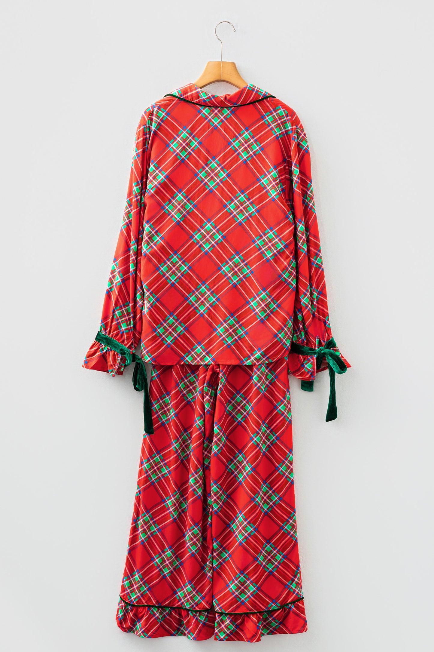 Fiery Red Plaid Satin Pajama Set with Contrast Velvet Ties