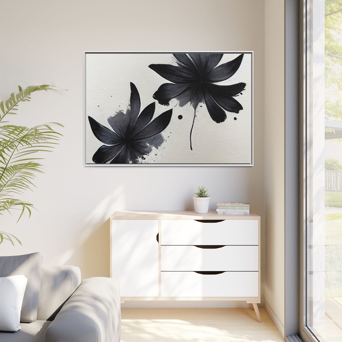 Framed Black Floral Matte Canvas Wall Art — Monochrome Botanical Print