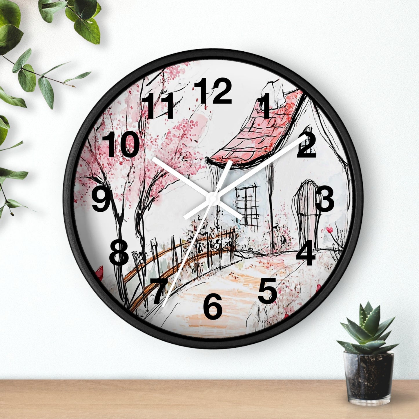 Cottage Garden Wall Clock — Hand-Drawn Pink Blossom Scene