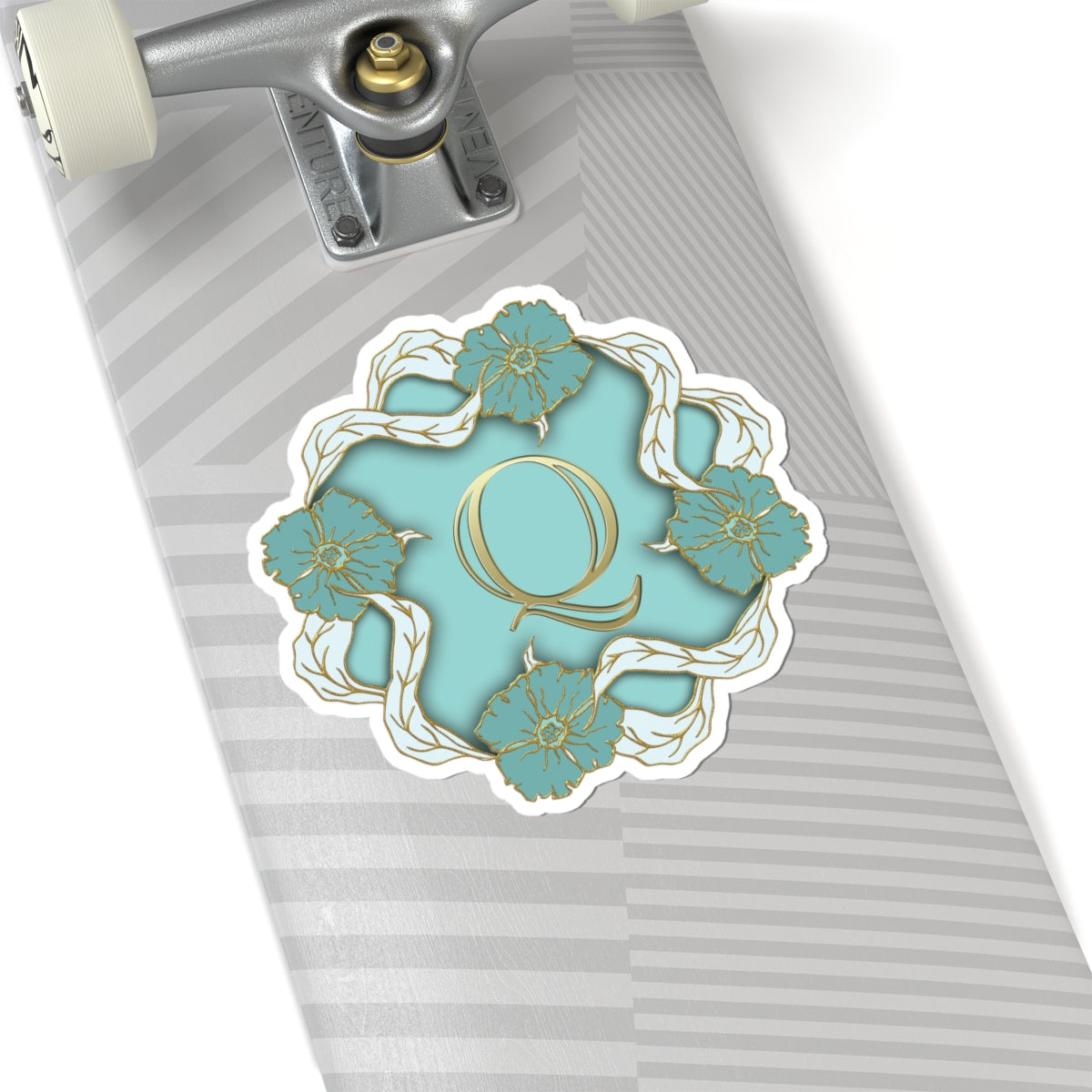 Monogram Q Floral Sticker — Gold Lettering on Teal Kiss-Cut Sticker