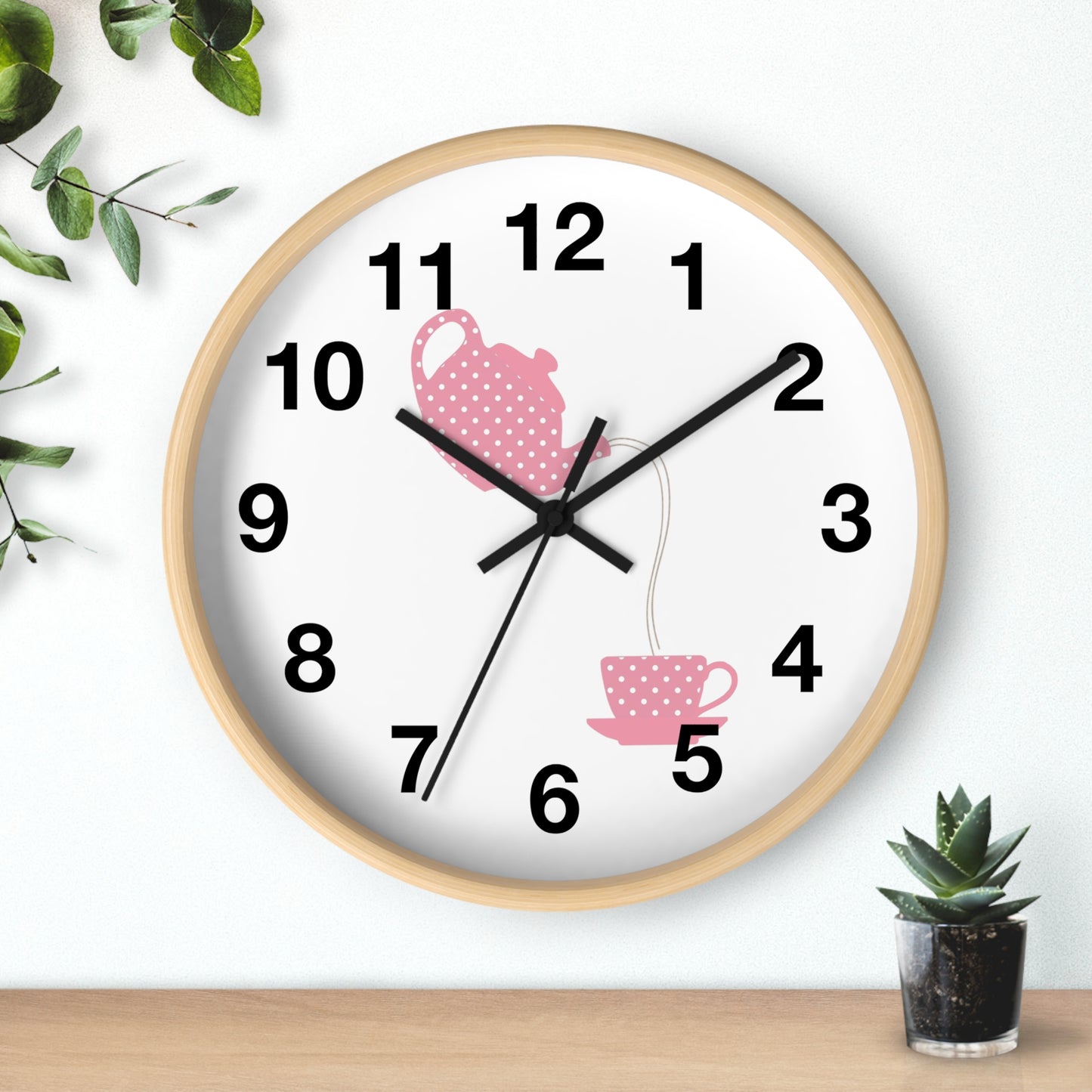 Charming Teapot Wall Clock, Home Decor, Kitchen Gift, Cute Coffee Time, Tea Lover's Gift, Pink Polka Dot Design