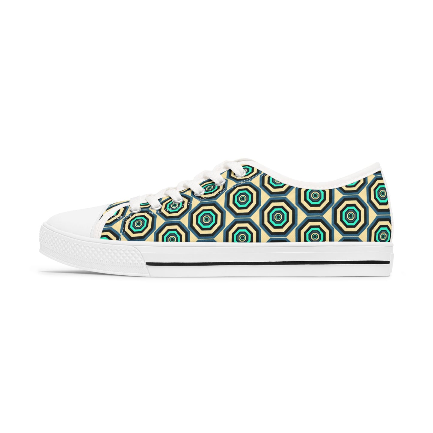 Geometric Retro Hexagon Women's Low Top Sneakers — Green Teal Patterned Canvas Shoes