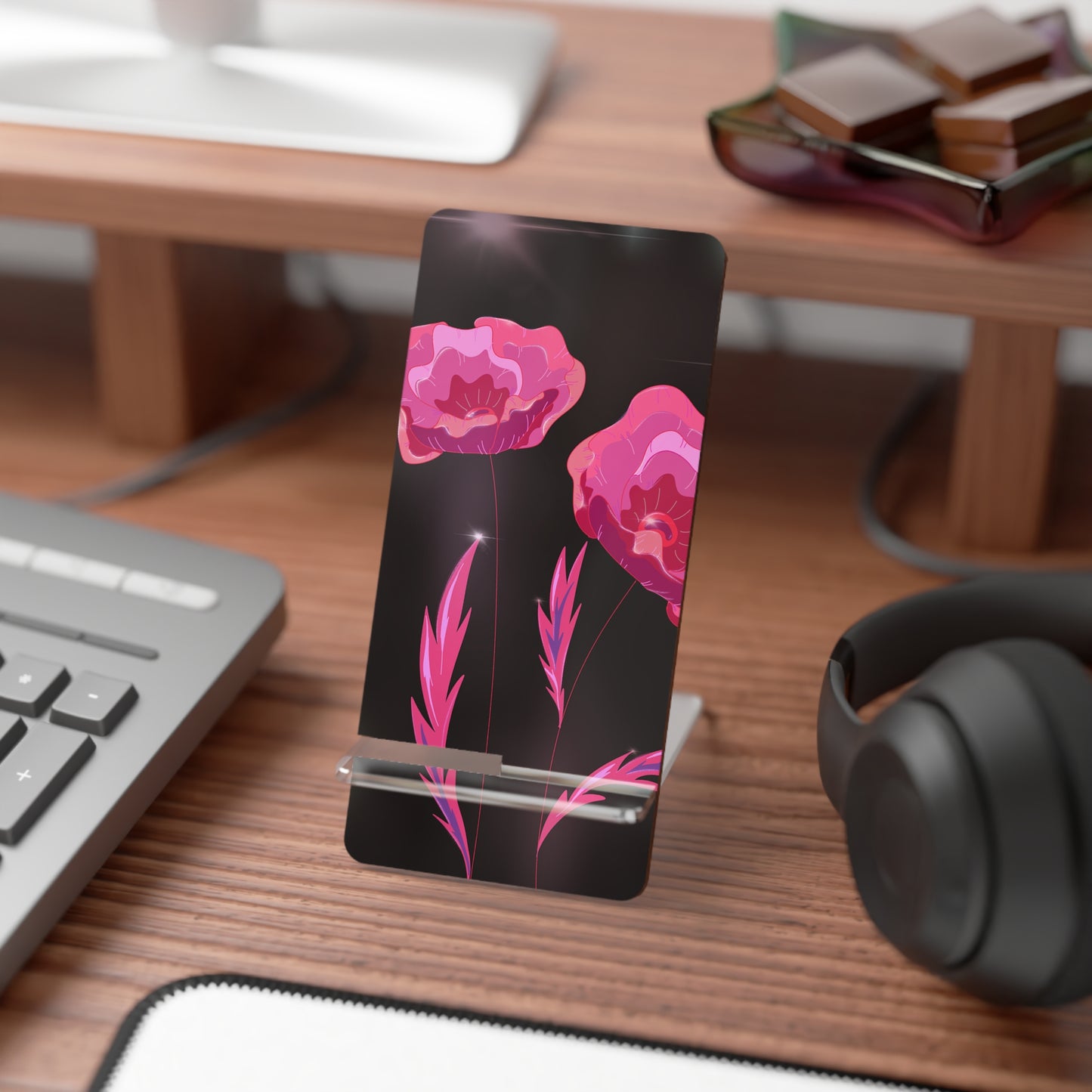 Floral Mobile Display Stand, Aesthetic Phone Holder, Desk Organizer, Gift for Tech Lovers, Home Office Decor