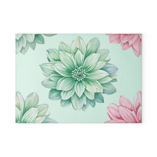 Glass Cutting Board — Pastel Succulent Floral Design (Mint & Pink)