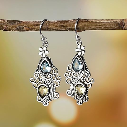 Bohemian Vintage Silver Openwork Teardrop Dangle Earrings - Women's Crystal