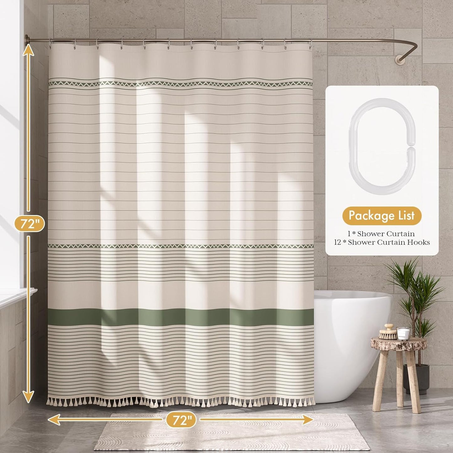 AmazerBath Boho Shower Curtain, Modern Farmhouse Shower Curtain Set with Tassels, Rustic Faux Linen Green Striped Shower Curtain with Hooks, Light Tan Toned