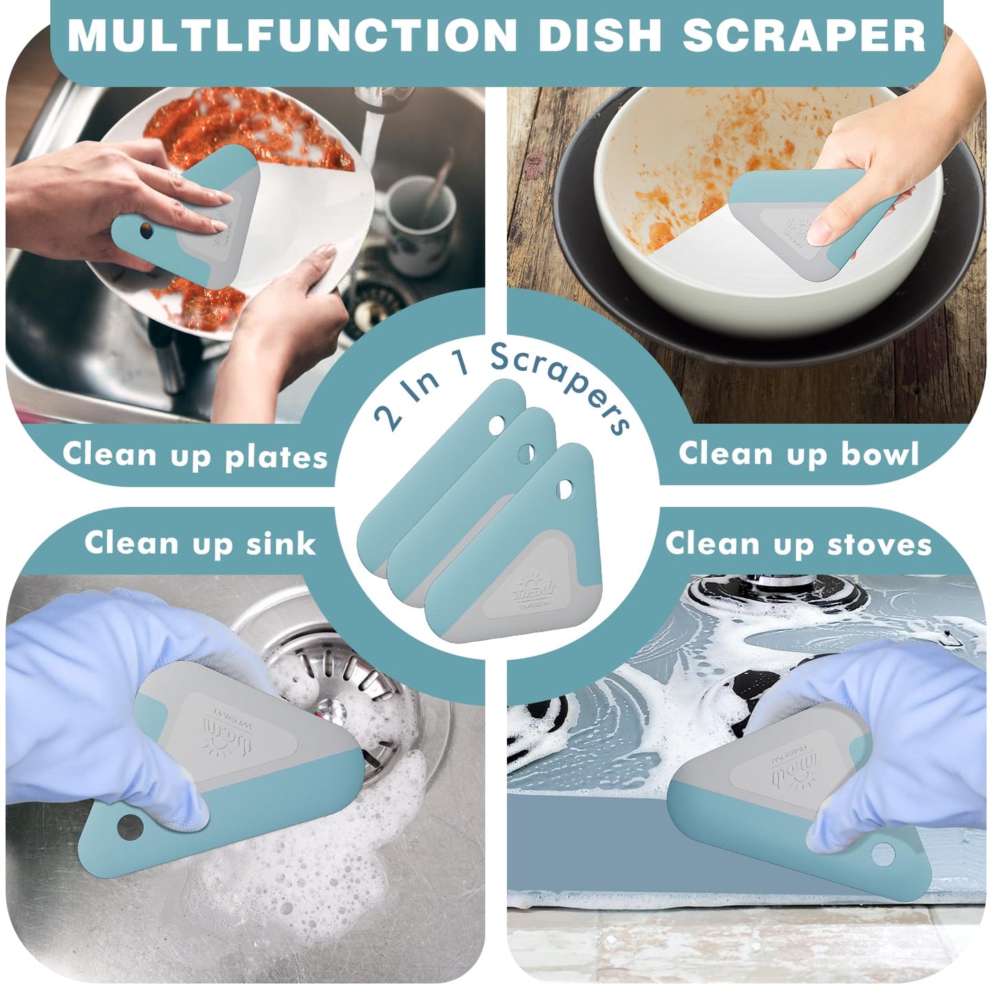 Food Scraper, 2-in-1 Pot and Pan Dish Scraper, Nylon and Silicone, Kitchen Scraper Tools for Cast Iron Skillets, Cookware, Dishes, Pans and Pots, Heat Resistant, Set of 3 - Blue