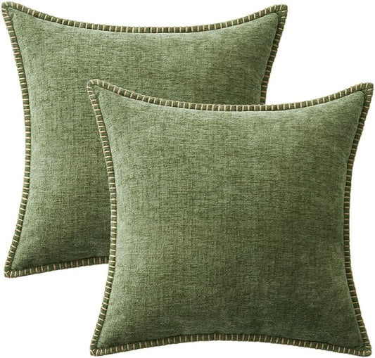 2 Pk - Sage Green Farmhouse Decorative Pillows with inserts Stitched Edge Soft Chenille Solid Dyed Summer