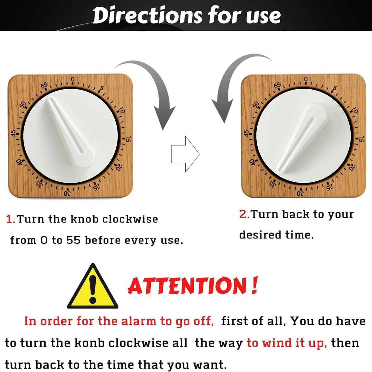 Bamboo Design (Plastic) Chef Cooking Timer Clock with Loud Alarm - 100% Mechanical Desk Timer - Magnetic Backing