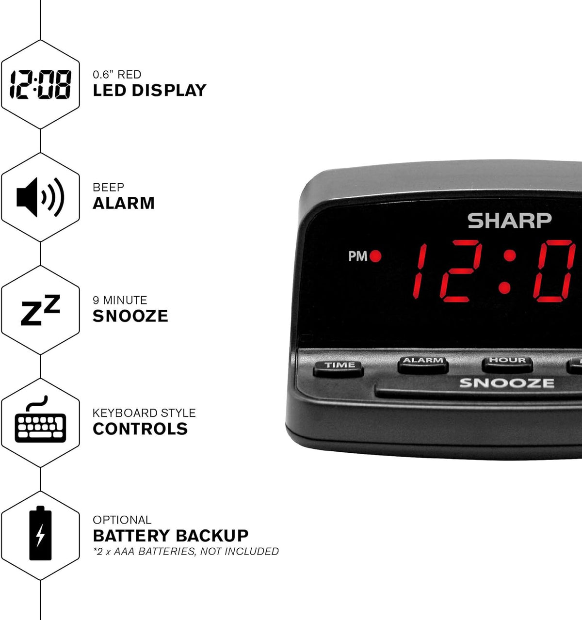 Sharp Digital Alarm Clock with Keyboard Controls, Large Snooze, Red LED