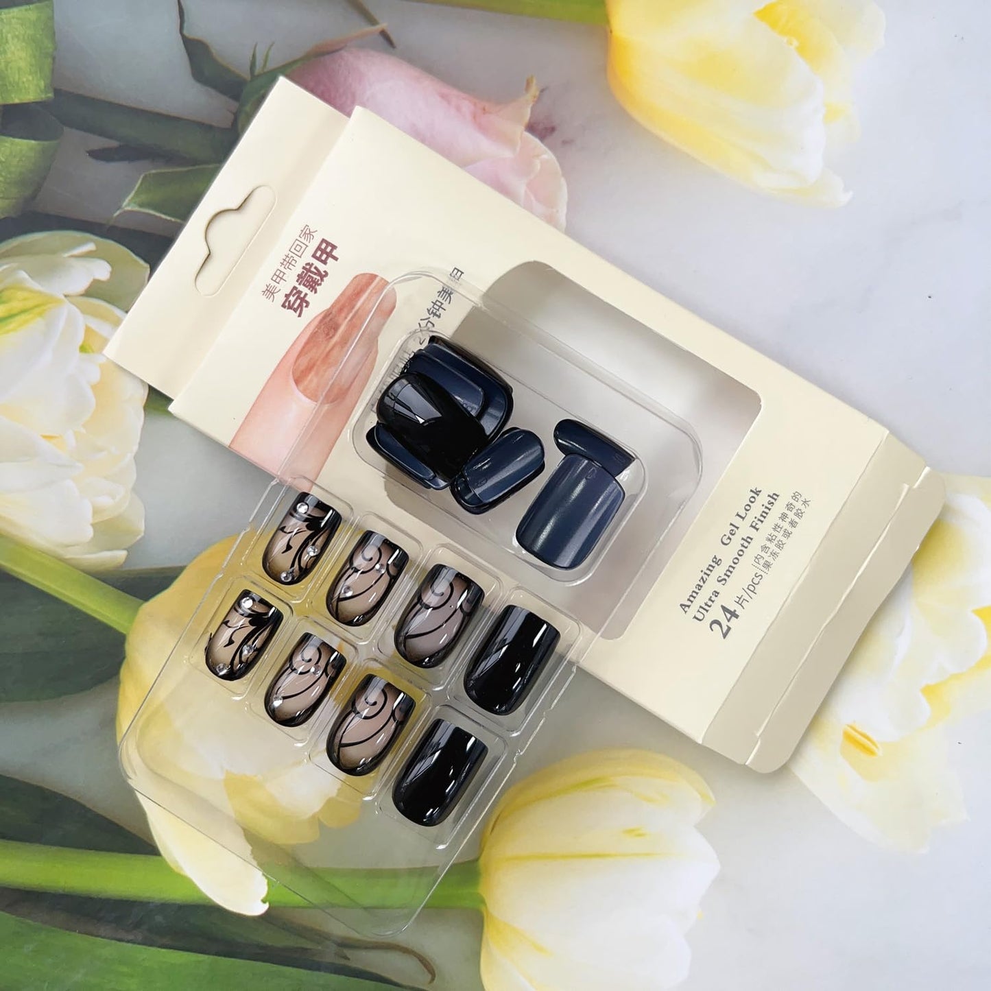 Black Press on Nails Short Square Fake Nails Black Vine Acrylic Glue on Nails Full Cover Glossy Nails Press ons Short Stick on Nails Summer Artificial Nails for Women Girls - 24Pcs