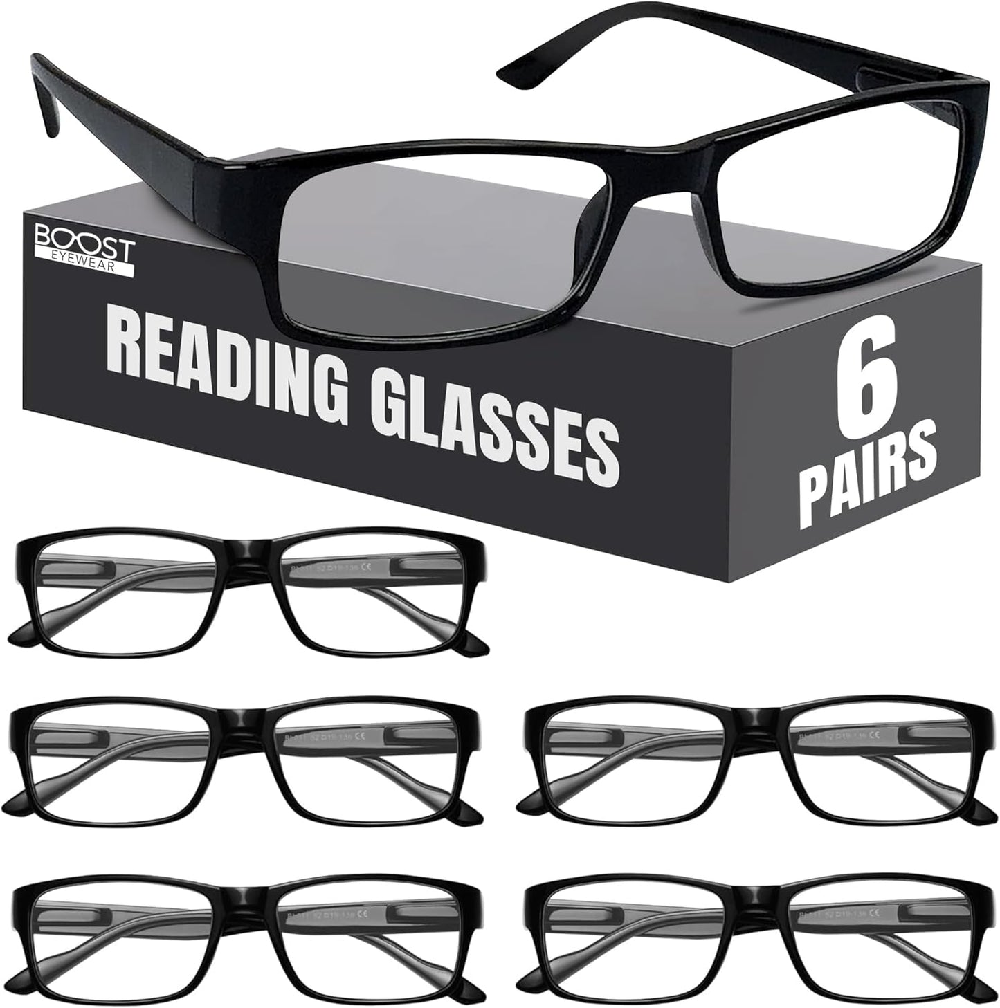 Boost Eyewear 6 Pack Reading Glasses, Traditional Black Frames, for Men and Women, with Comfort Spring Loaded Hinges, Black, 6 Pairs