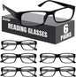 Boost Eyewear 6 Pack Reading Glasses, Traditional Black Frames, for Men and Women, with Comfort Spring Loaded Hinges, Black, 6 Pairs