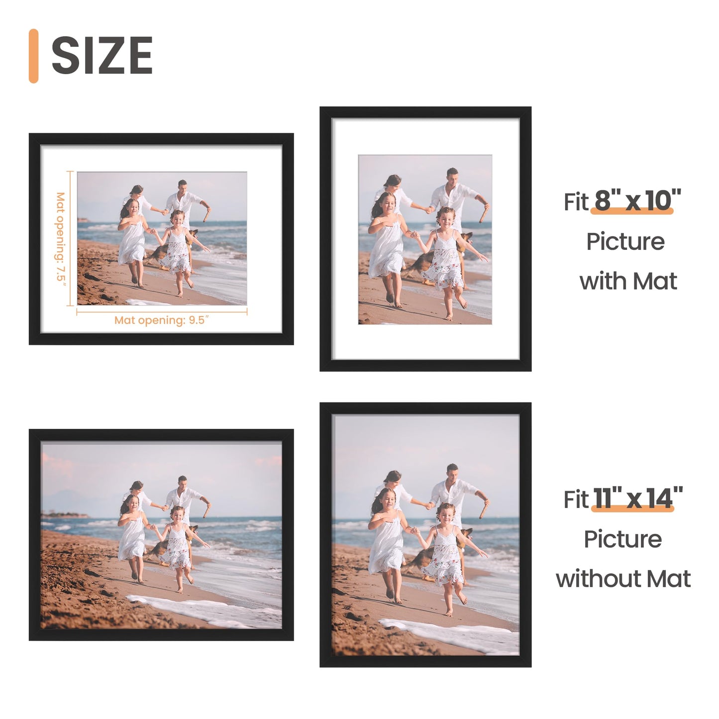 upsimples 11x14 Picture Frame, Display Pictures 8x10 with Mat or 11x14 Without Mat, Wall Hanging Photo Frame, Black, 1 Pack