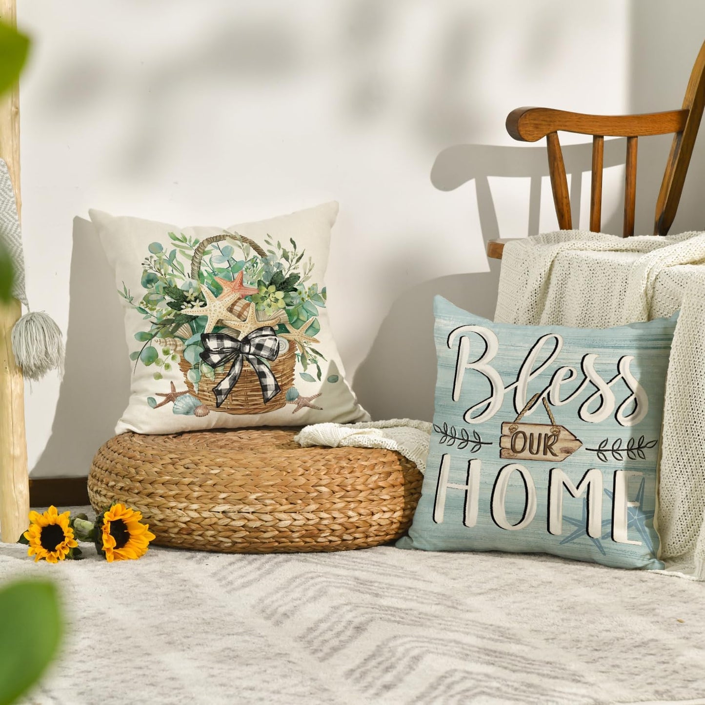 AVOIN colorlife Bless Our Home Eucalyptus Leaves Starfish Throw Pillow Covers, 16 x 16 Inch Seasonal Spring Summer Truck Home Sweet Home Cushion Case Decorations Set of 4