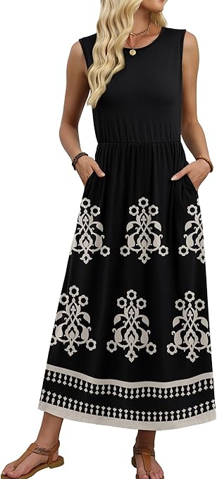 Summer Dresses for Women 2026 Maxi Dresses Long Flowy A Line Sleeveless Sundresses with Pockets