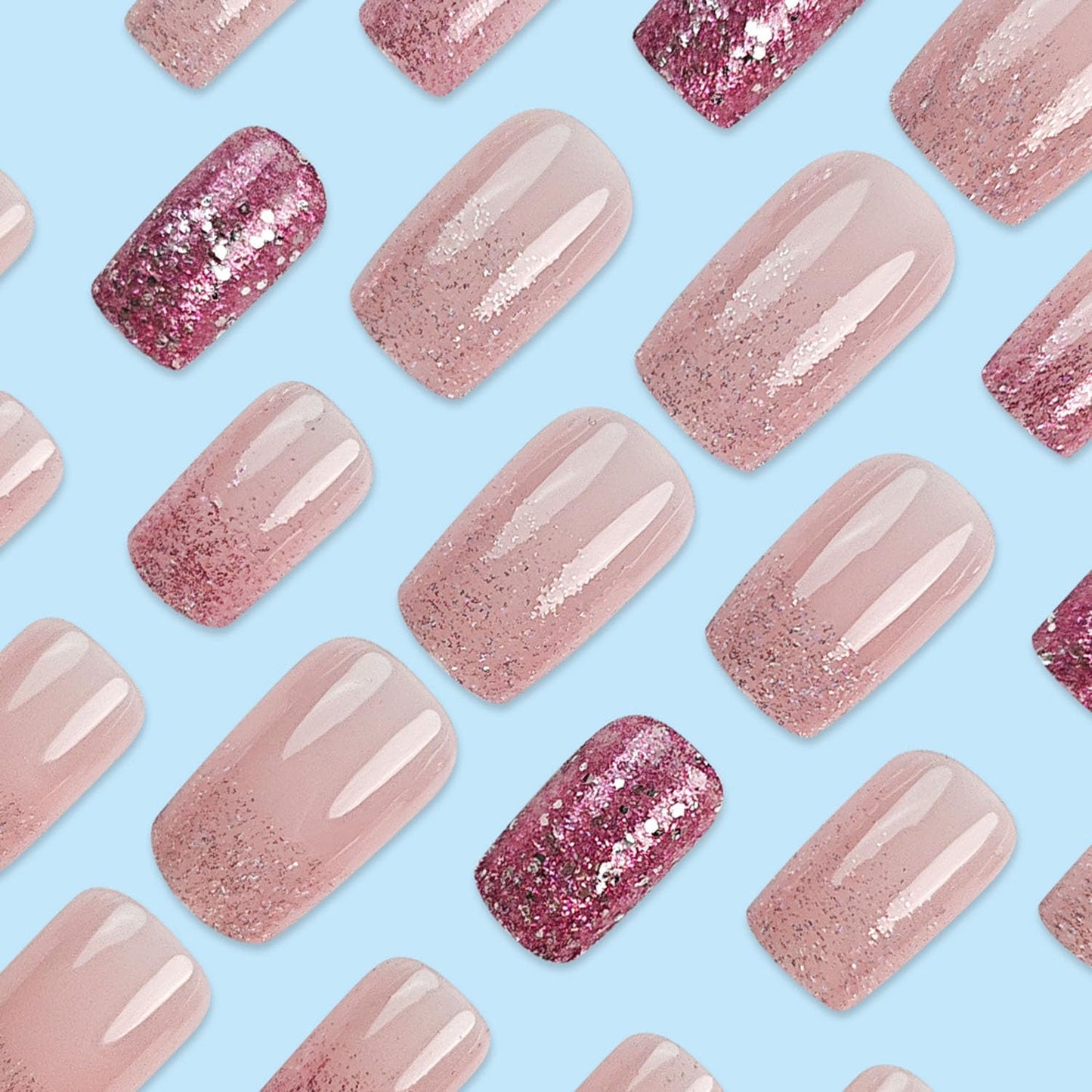 24 Pcs Press on Nails Short Square - ZIFANHU Pink Ombre Fake Nails Press ons Nail Art Tips Full Cover Acrylic Glitter False Nails with Glossy Design Glue on Nails Stick on Nails Kit for Women