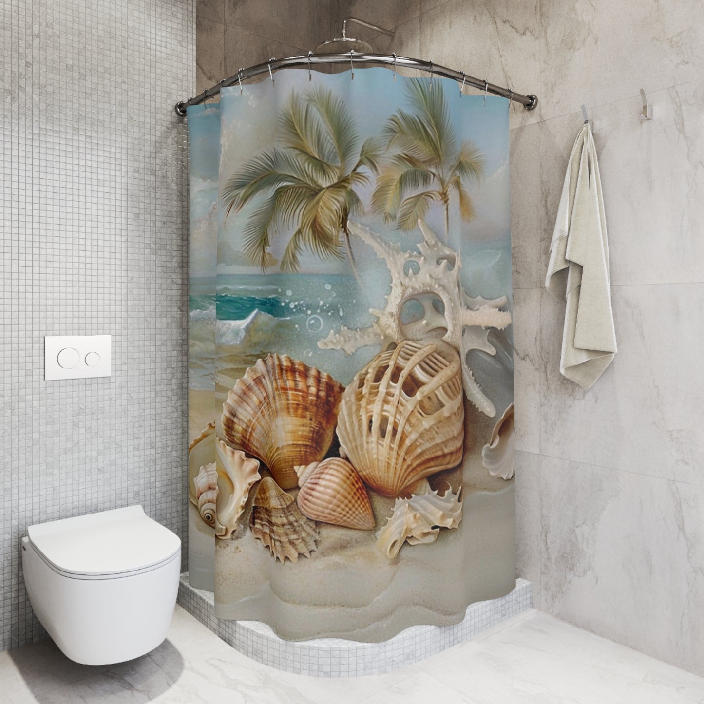 Seashell Beach Shower Curtain – Tropical Palm Coastal Bathroom Décor