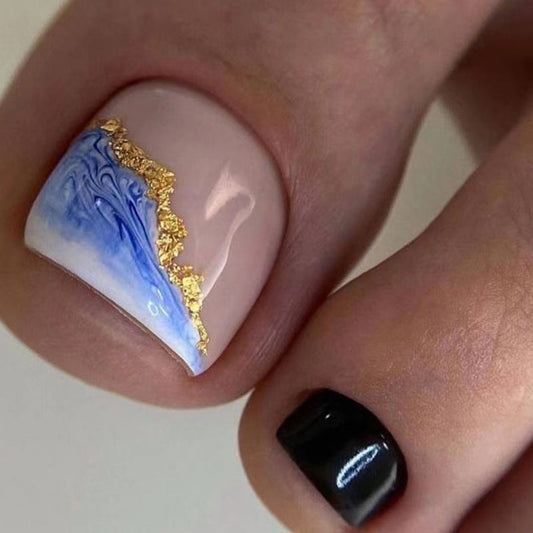 Press-on toenails seawater blue color scheme Nail art fairy white fake nails spring and summer Press-on toenails beauty