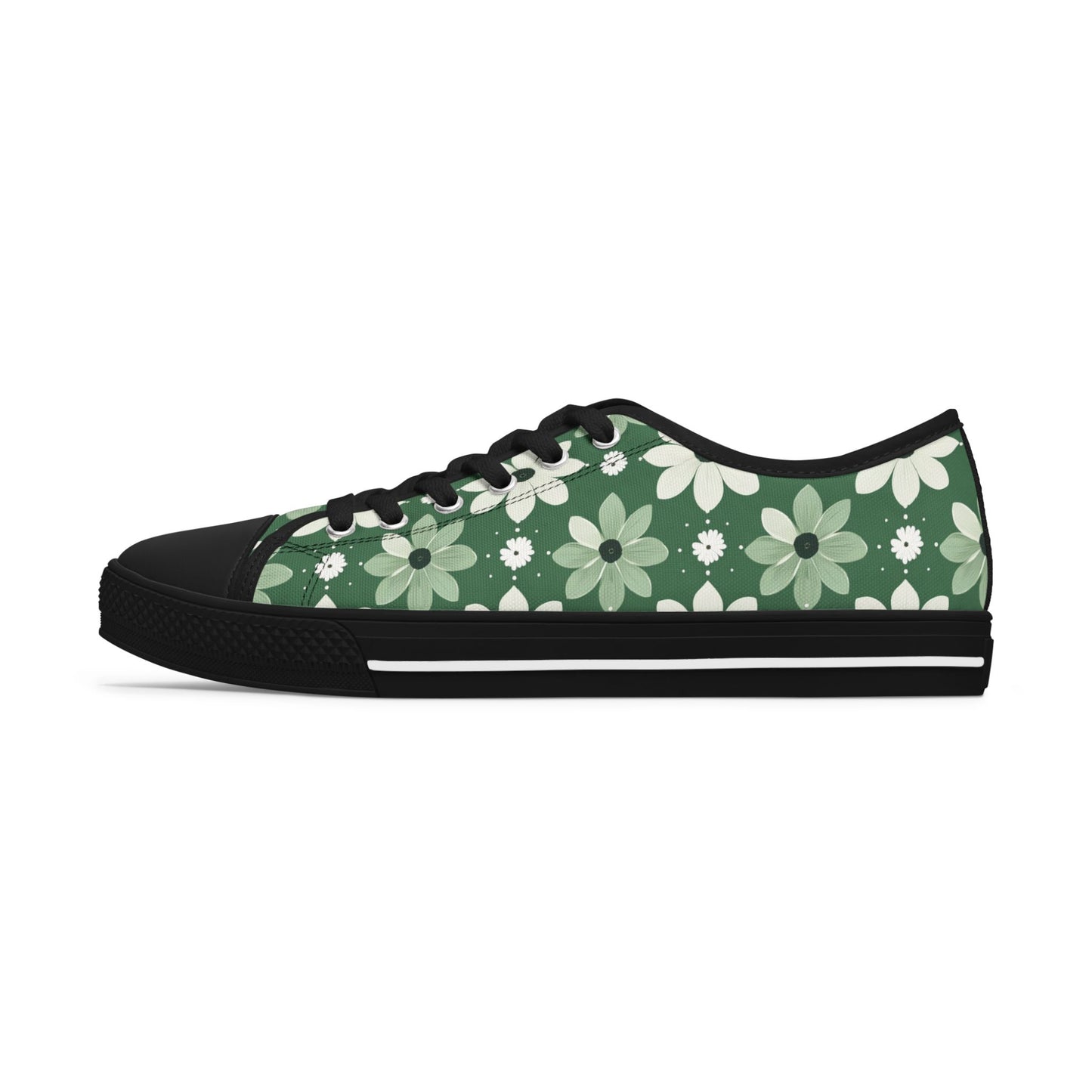 Floral Green Daisy Low Top Sneakers — Casual Garden Print Shoes