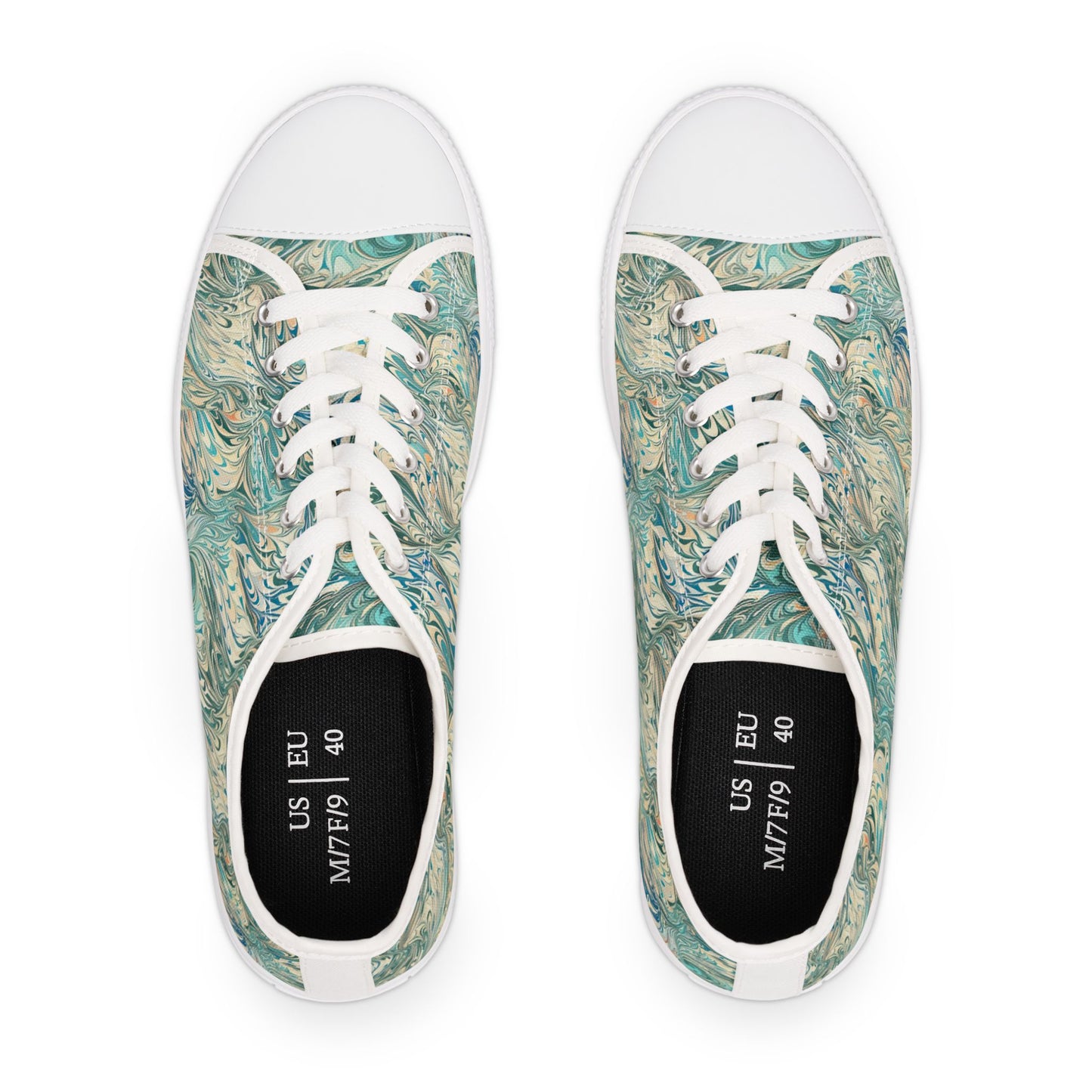 Low Top Sneakers — Teal Swirl Floral Pattern Casual Shoes