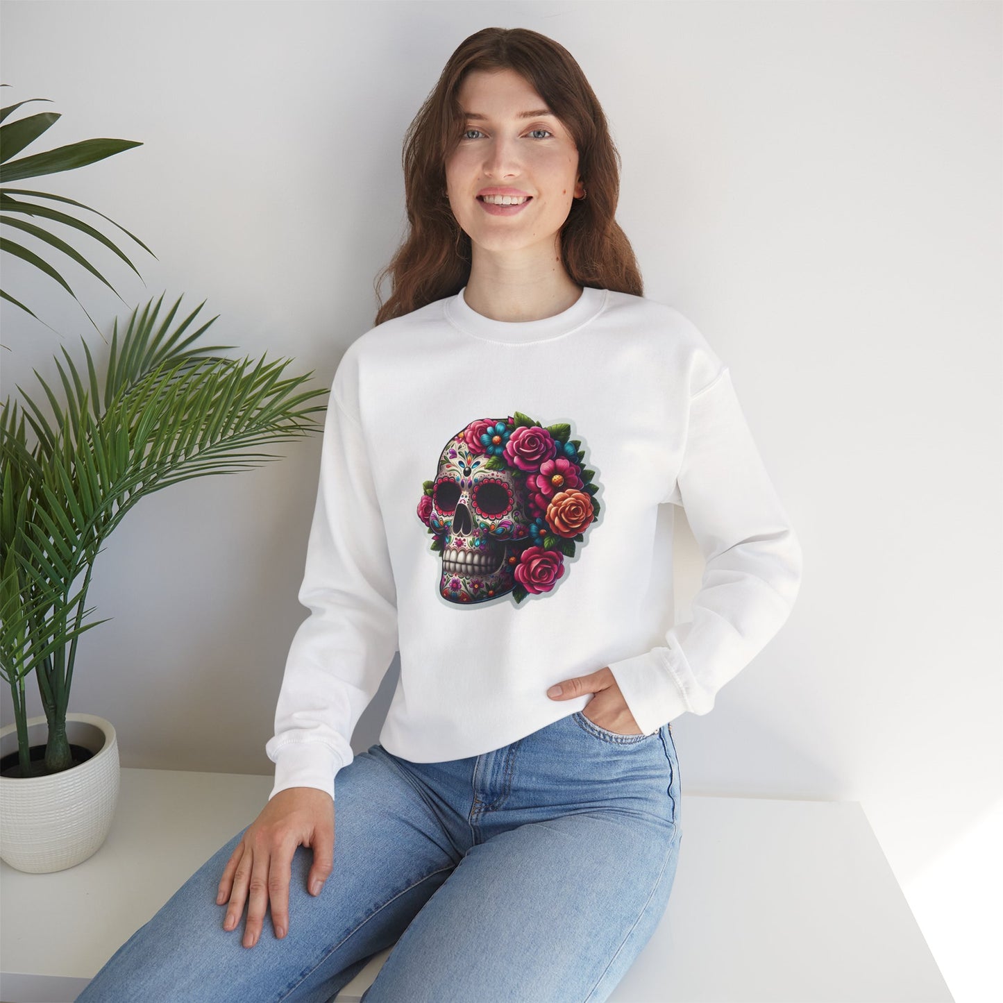 Sugar Skull Crewneck Sweatshirt — Floral Day of the Dead Graphic