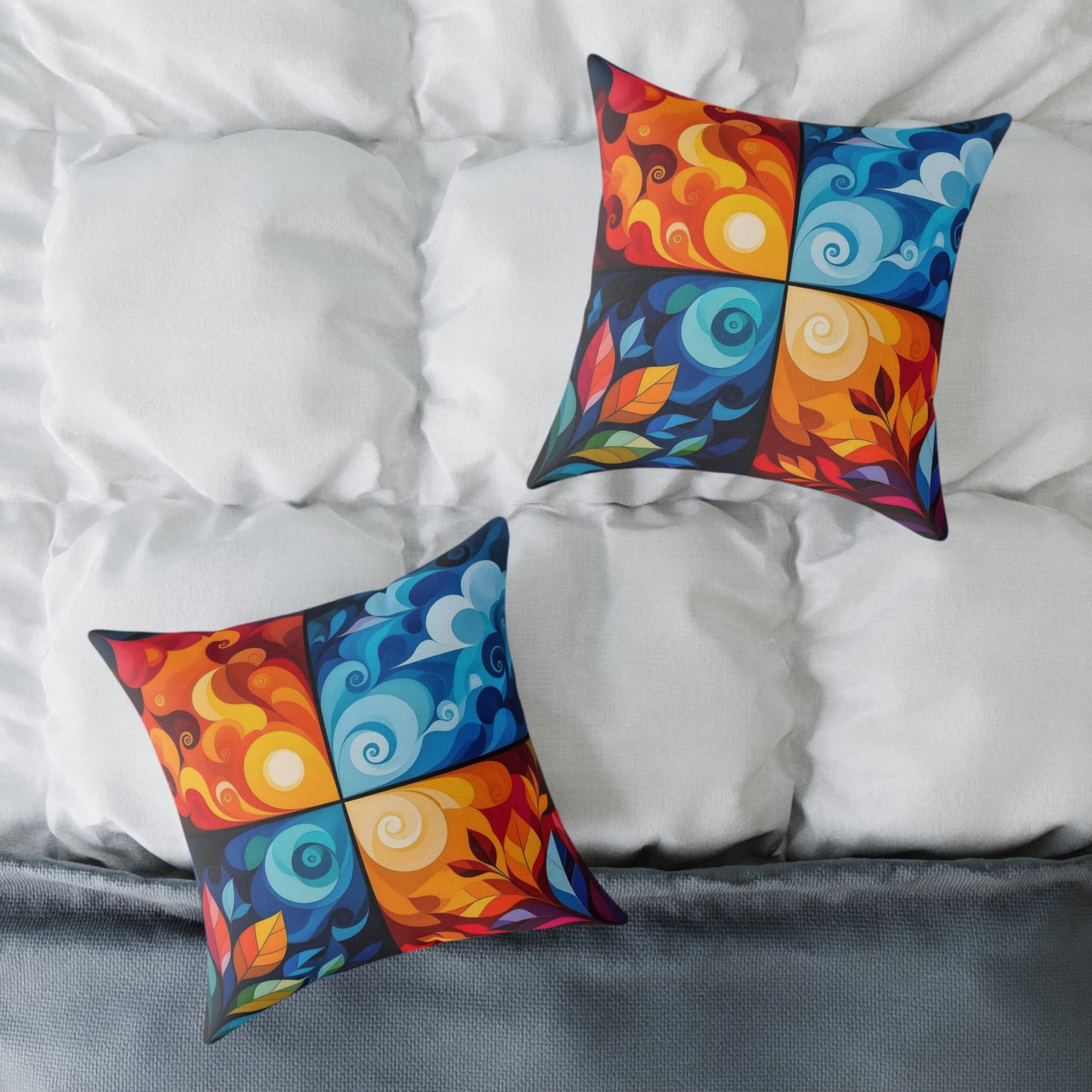Abstract Seasons Square Pillow — Colorful Four-Panel Decorative Throw Pillow