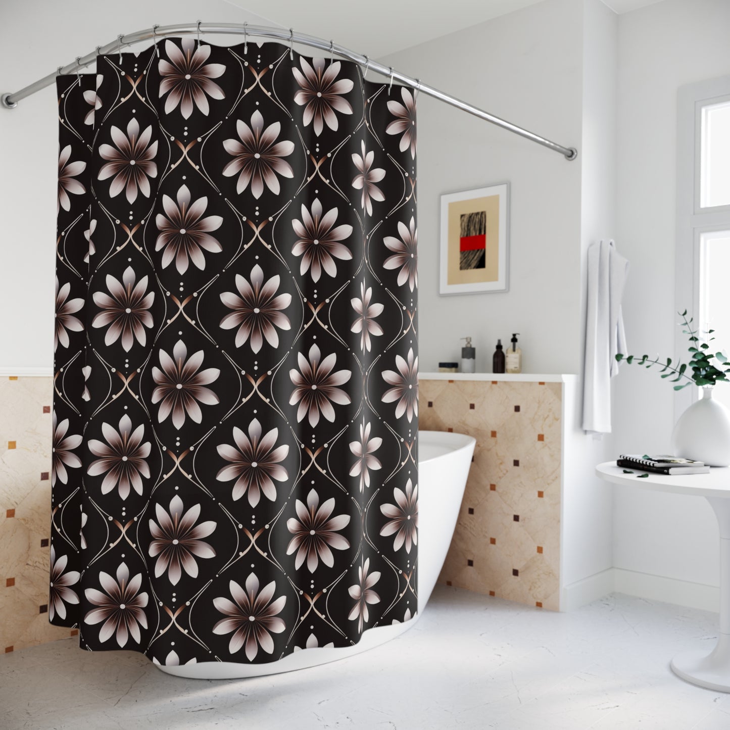 Floral Mosaic Shower Curtain — Elegant Black & Taupe Daisy Pattern