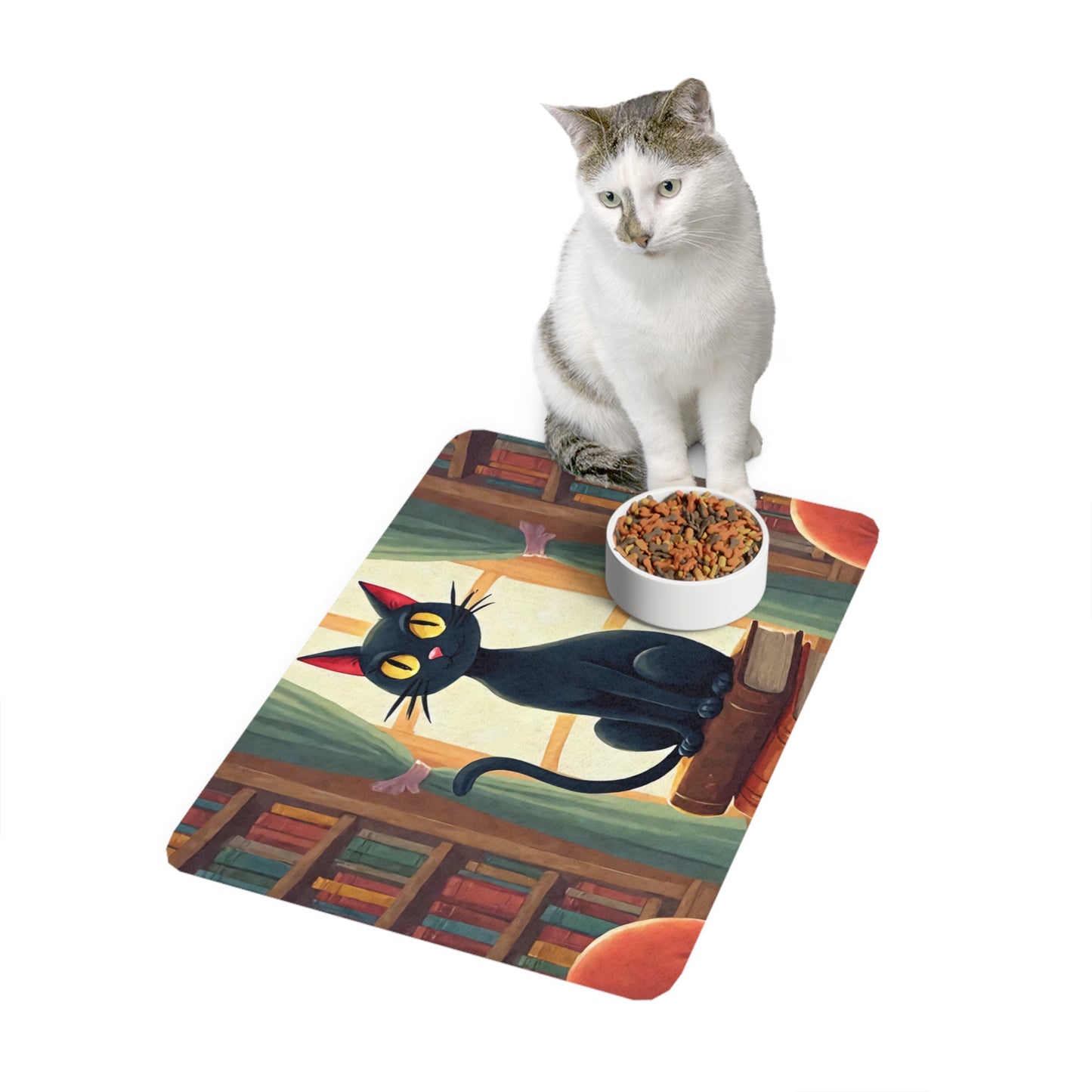 Black Cat Library Pet Food Mat (12x18) - Cute Cat Feeding Mat for Cats & Small Dogs