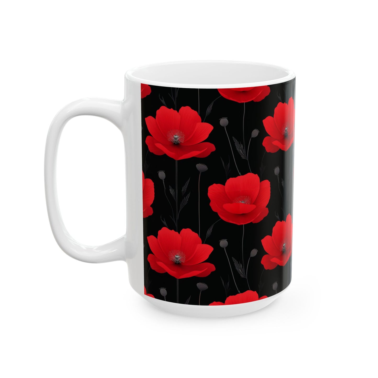 Red Poppy Floral Mug — Black Background Ceramic Coffee Cup (11oz, 15oz)