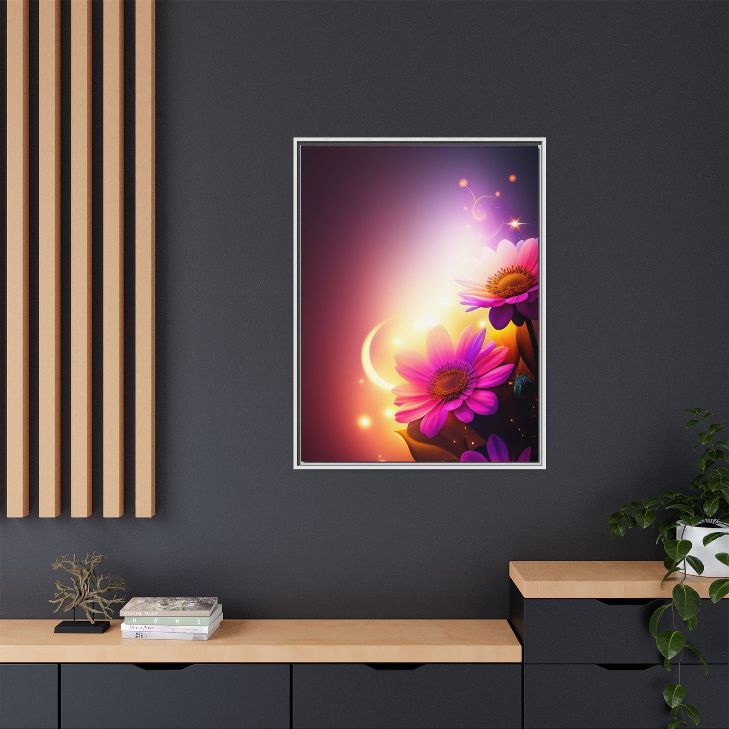 Framed Floral Canvas Art — Pink Daisies Sunset Wall Print