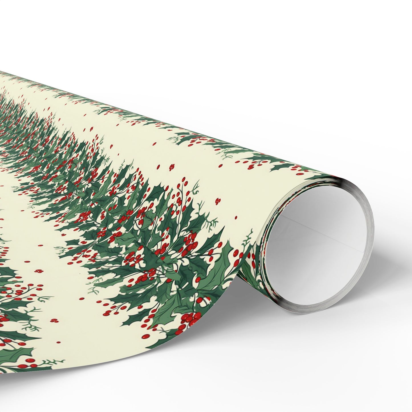 Wrapping Paper Roll — Festive Green Wreath & Red Berry Holiday Wrap