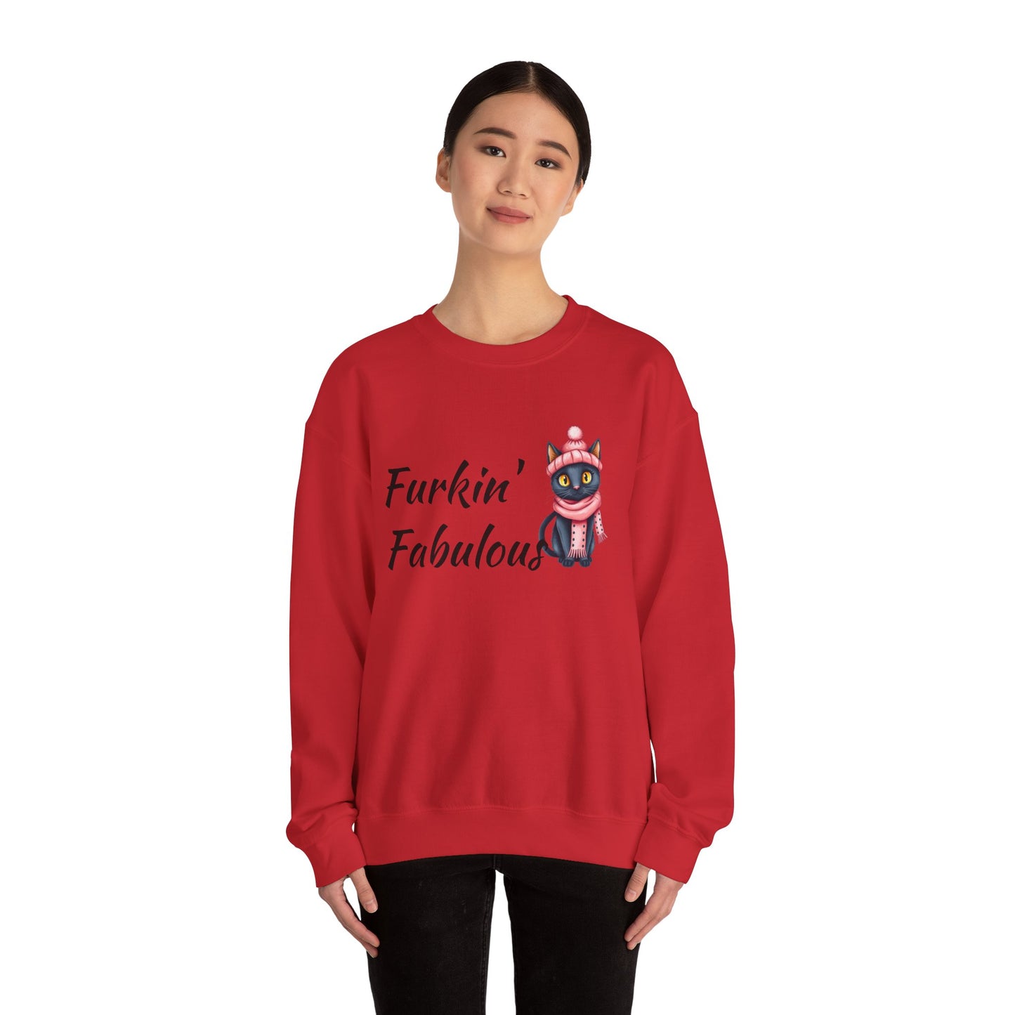 Crewneck Sweatshirt — "Furkin' Fabulous" Cute Black Cat in Pink Hat & Scarf
